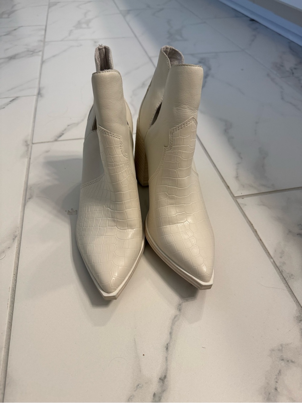 Steve Madden Women's Cream Croc-Embossed Pointed Toe Ankle Boots